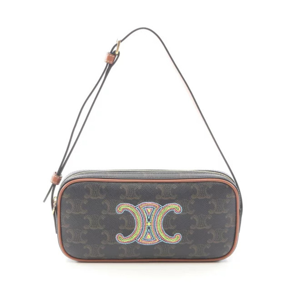 Celine Cuir Triomphe Camera Bag Shoulder Canvas Leather Black Brown